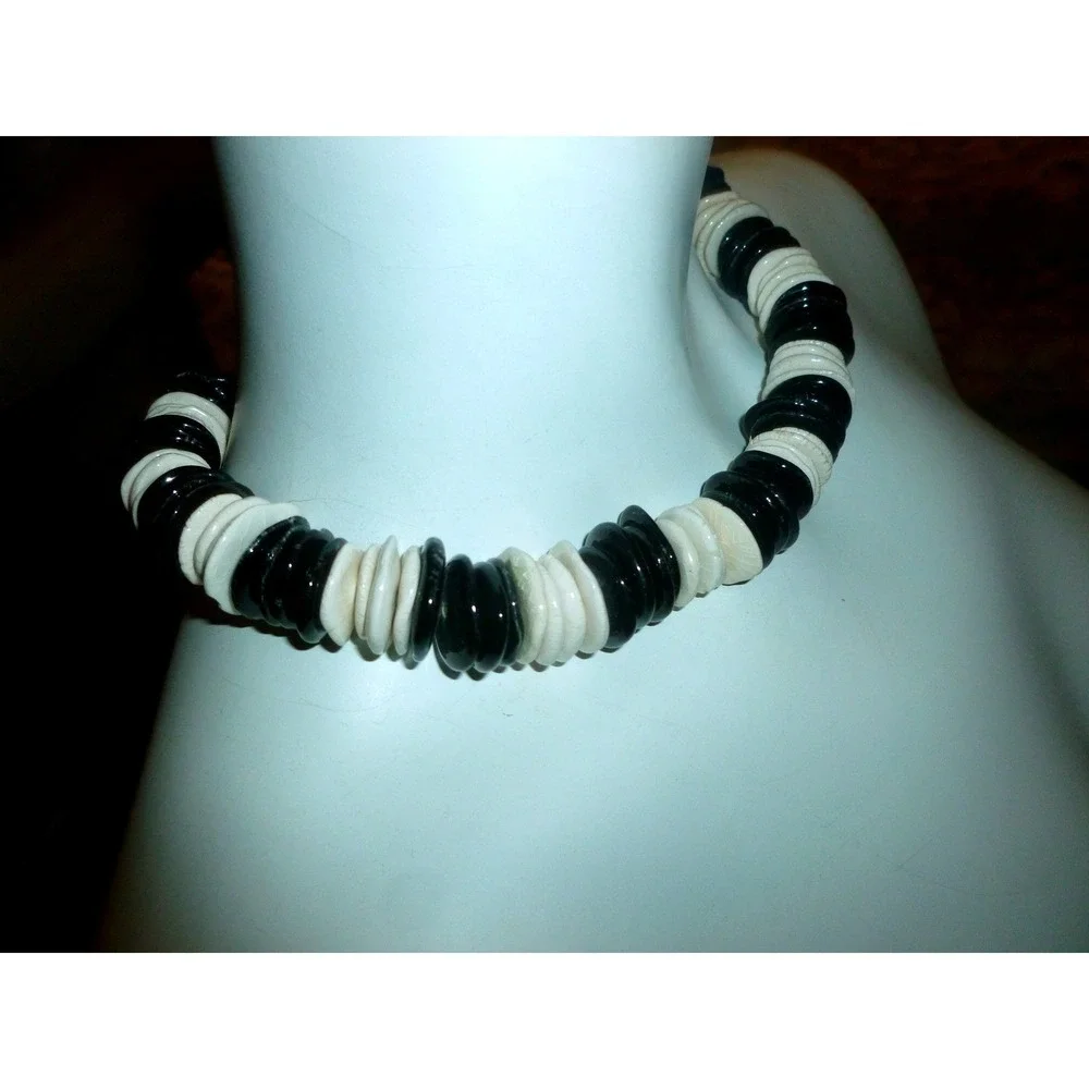 Vtg Artisan Ceramic Disc Bead Necklace‎ Black White Glazed Pottery Boho Choker